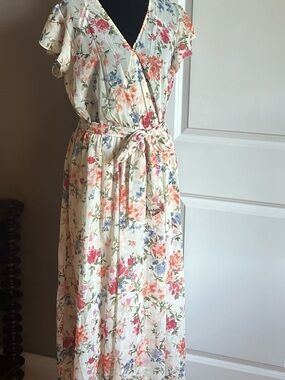 Floral Cream Maxi Wrap Dress with Pink & Blue Blooms